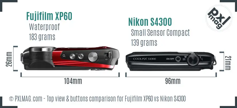 Fujifilm XP60 vs Nikon S4300 top view buttons comparison