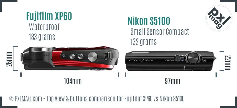 Fujifilm XP60 vs Nikon S5100 top view buttons comparison Fujifilm XP60 vs Nikon S5100 top view buttons comparison