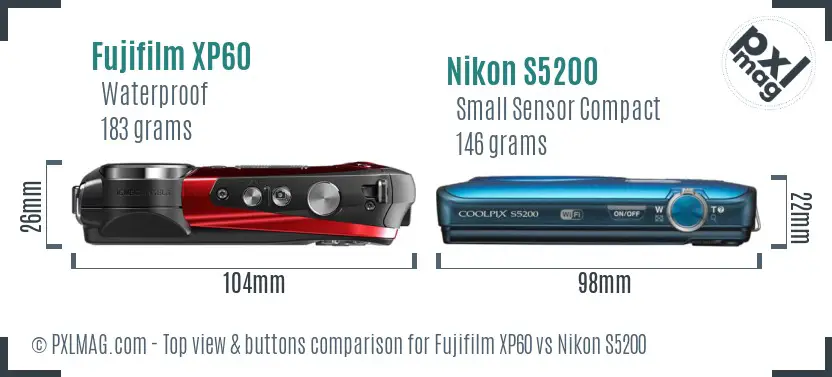 Fujifilm XP60 vs Nikon S5200 top view buttons comparison