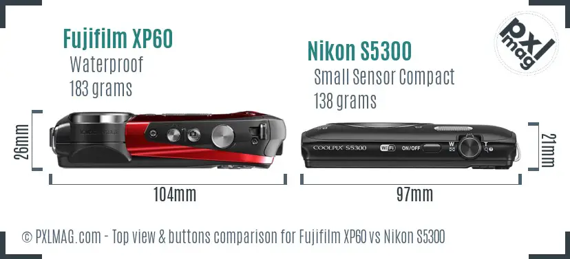 Fujifilm XP60 vs Nikon S5300 top view buttons comparison