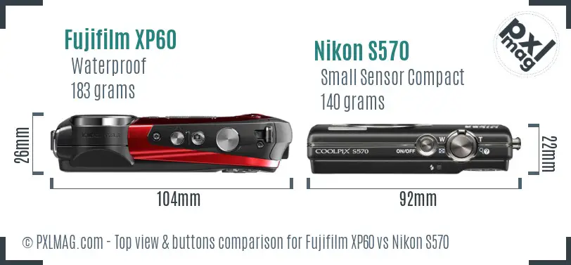 Fujifilm XP60 vs Nikon S570 top view buttons comparison Fujifilm XP60 vs Nikon S570 top view buttons comparison