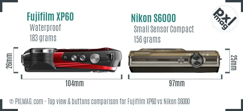 Fujifilm XP60 vs Nikon S6000 top view buttons comparison