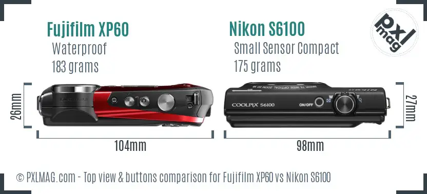Fujifilm XP60 vs Nikon S6100 top view buttons comparison