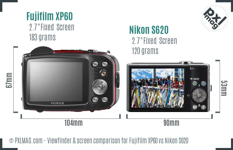 Fujifilm XP60 vs Nikon S620 Screen and Viewfinder comparison