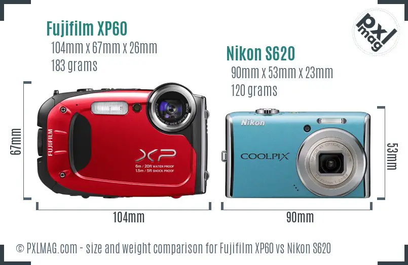Fujifilm XP60 vs Nikon S620 size comparison