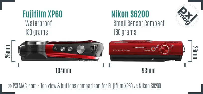 Fujifilm XP60 vs Nikon S6200 top view buttons comparison
