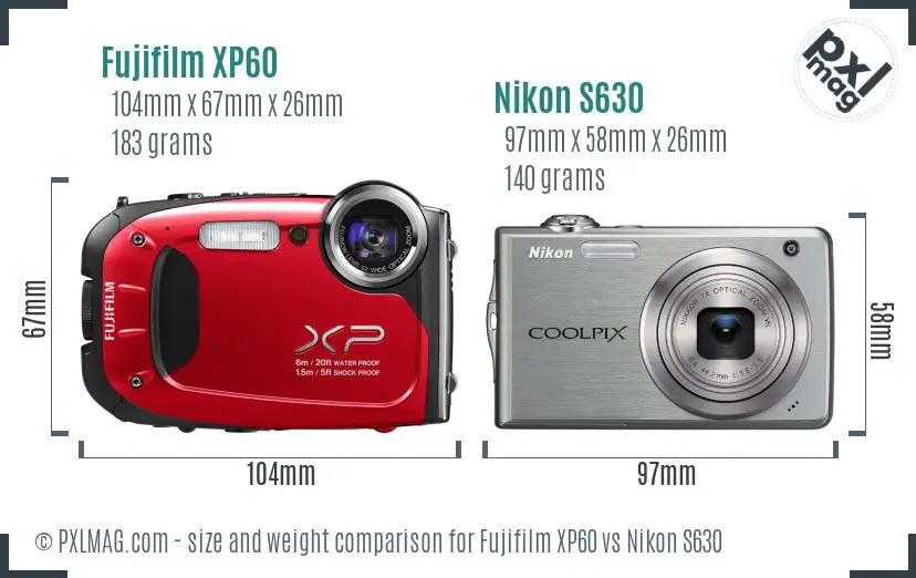 Fujifilm XP60 vs Nikon S630 size comparison