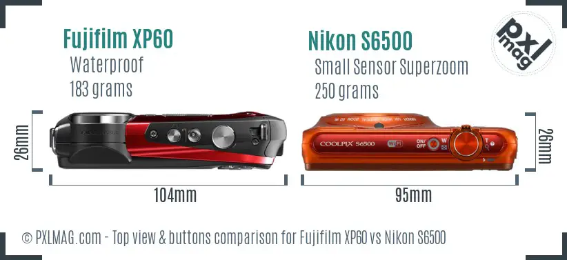Fujifilm XP60 vs Nikon S6500 top view buttons comparison