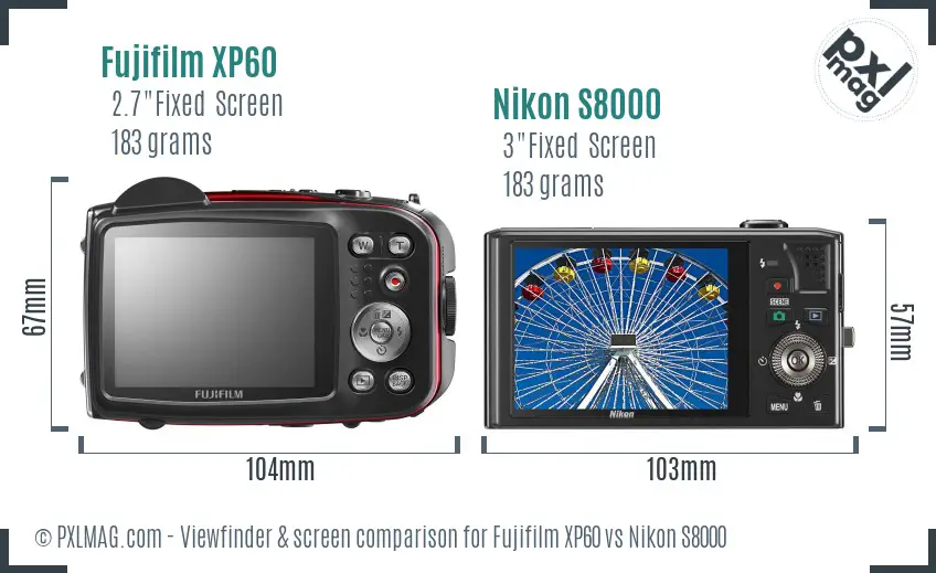 Fujifilm XP60 vs Nikon S8000 Screen and Viewfinder comparison