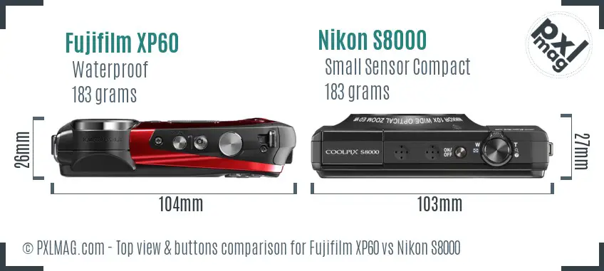 Fujifilm XP60 vs Nikon S8000 top view buttons comparison