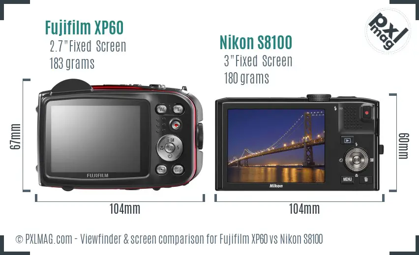 Fujifilm XP60 vs Nikon S8100 Screen and Viewfinder comparison