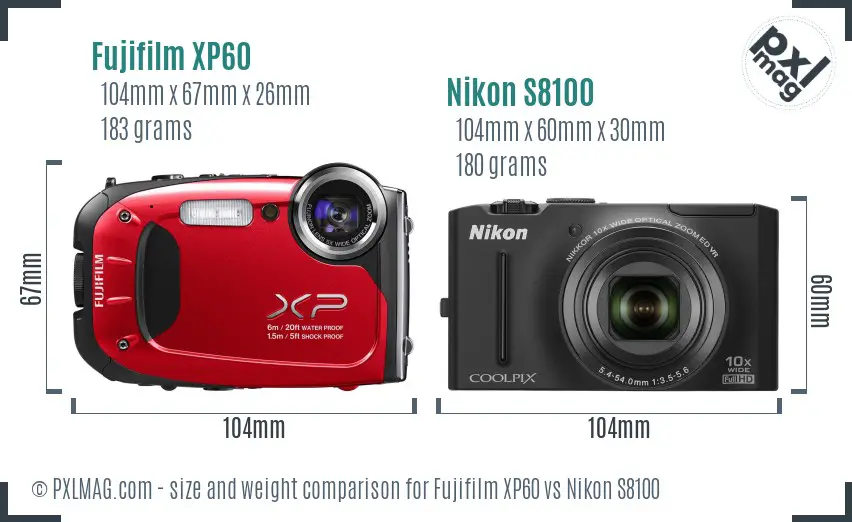 Fujifilm XP60 vs Nikon S8100 size comparison