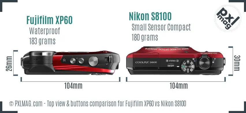 Fujifilm XP60 vs Nikon S8100 top view buttons comparison