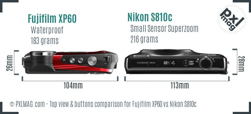 Fujifilm XP60 vs Nikon S810c top view buttons comparison Fujifilm XP60 vs Nikon S810c top view buttons comparison