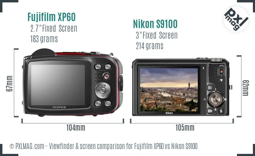 Fujifilm XP60 vs Nikon S9100 Screen and Viewfinder comparison