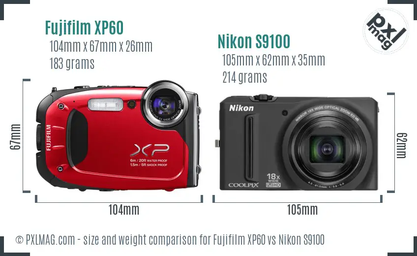 Fujifilm XP60 vs Nikon S9100 size comparison