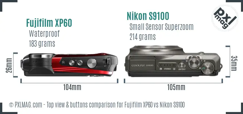 Fujifilm XP60 vs Nikon S9100 top view buttons comparison