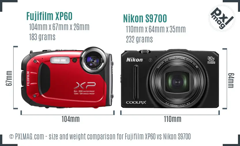 Fujifilm XP60 vs Nikon S9700 size comparison