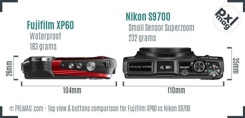 Fujifilm XP60 vs Nikon S9700 top view buttons comparison