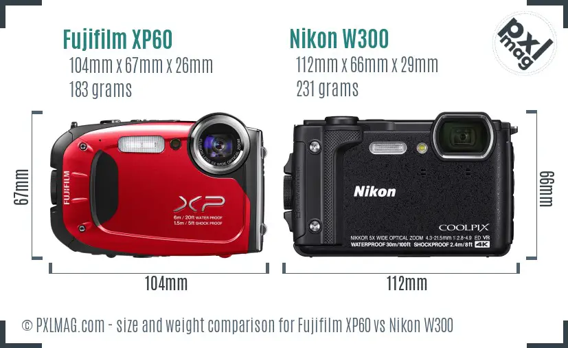 Fujifilm XP60 vs Nikon W300 size comparison