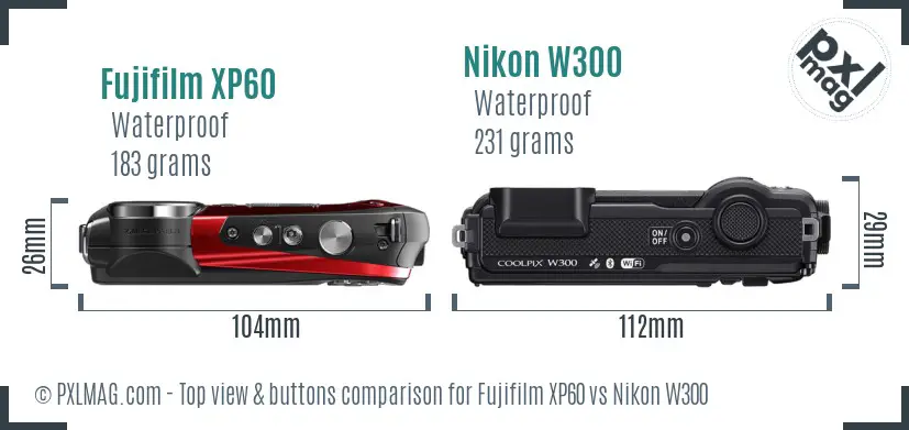 Fujifilm XP60 vs Nikon W300 top view buttons comparison