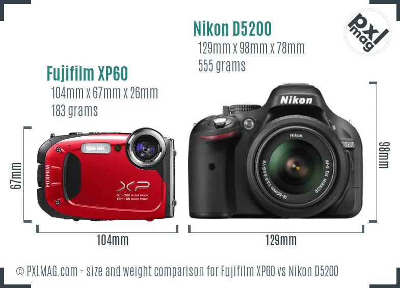 Fujifilm XP60 vs Nikon D5200 size comparison
