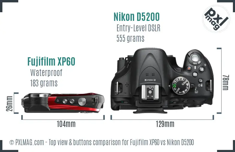 Fujifilm XP60 vs Nikon D5200 top view buttons comparison