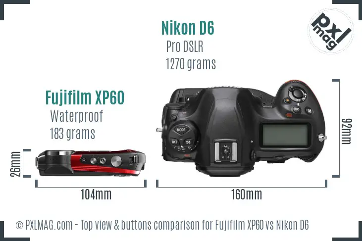 Fujifilm XP60 vs Nikon D6 top view buttons comparison