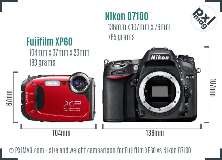 Fujifilm XP60 vs Nikon D7100 size comparison