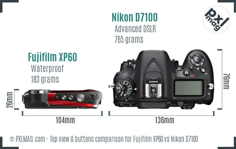 Fujifilm XP60 vs Nikon D7100 top view buttons comparison