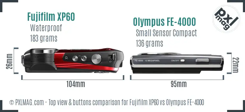 Fujifilm XP60 vs Olympus FE-4000 top view buttons comparison