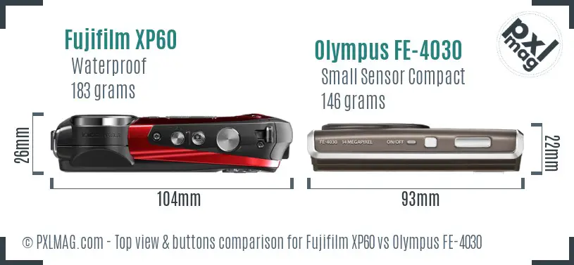 Fujifilm XP60 vs Olympus FE-4030 top view buttons comparison