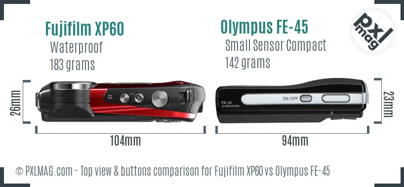 Fujifilm XP60 vs Olympus FE-45 top view buttons comparison Fujifilm XP60 vs Olympus FE-45 top view buttons comparison
