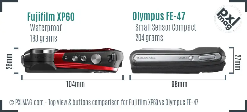 Fujifilm XP60 vs Olympus FE-47 top view buttons comparison Fujifilm XP60 vs Olympus FE-47 top view buttons comparison