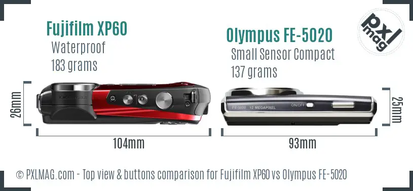 Fujifilm XP60 vs Olympus FE-5020 top view buttons comparison