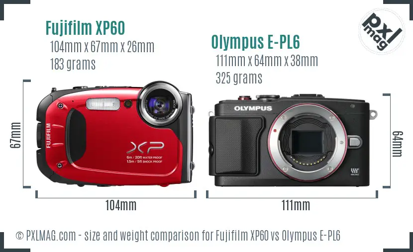 Fujifilm XP60 vs Olympus E-PL6 size comparison