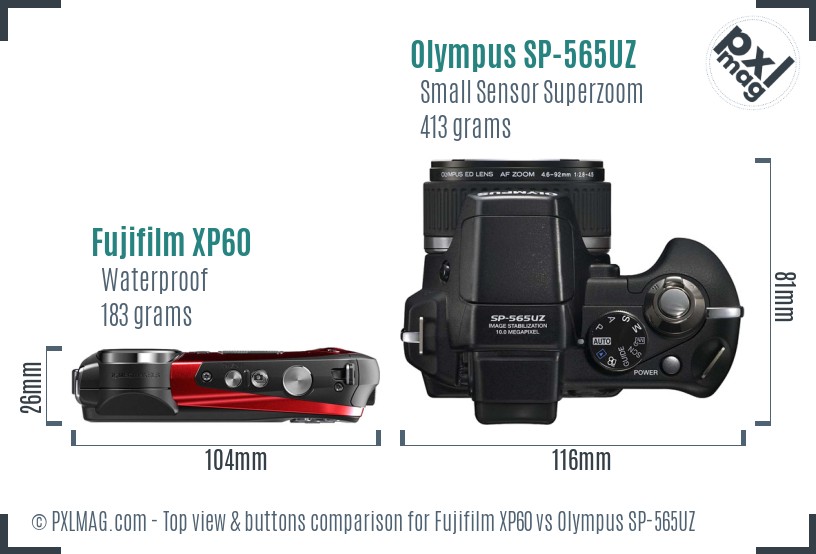 Fujifilm XP60 vs Olympus SP-565UZ top view buttons comparison