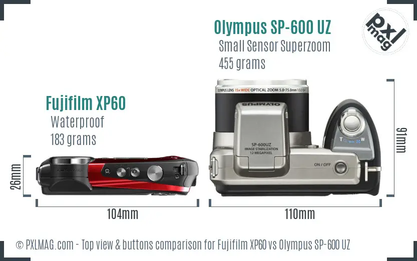 Fujifilm XP60 vs Olympus SP-600 UZ top view buttons comparison Fujifilm XP60 vs Olympus SP-600 UZ top view buttons comparison