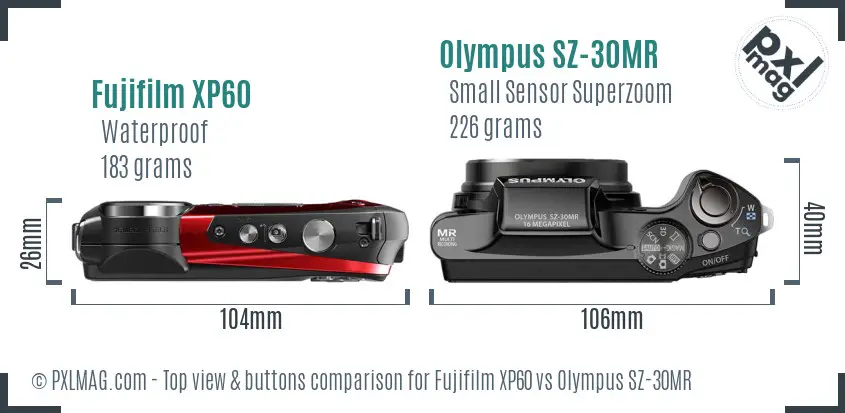 Fujifilm XP60 vs Olympus SZ-30MR top view buttons comparison Fujifilm XP60 vs Olympus SZ-30MR top view buttons comparison