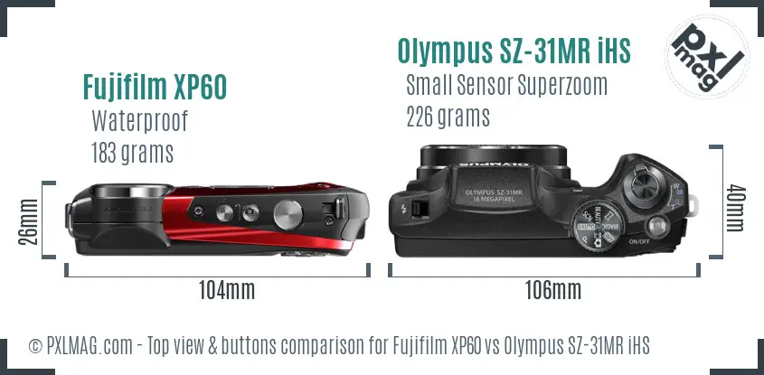 Fujifilm XP60 vs Olympus SZ-31MR iHS top view buttons comparison