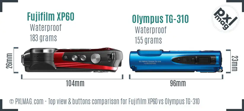 Fujifilm XP60 vs Olympus TG-310 top view buttons comparison