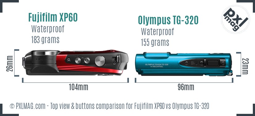 Fujifilm XP60 vs Olympus TG-320 top view buttons comparison