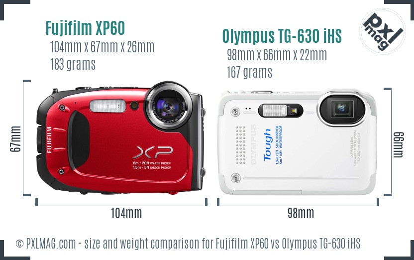 Fujifilm XP60 vs Olympus TG-630 iHS size comparison