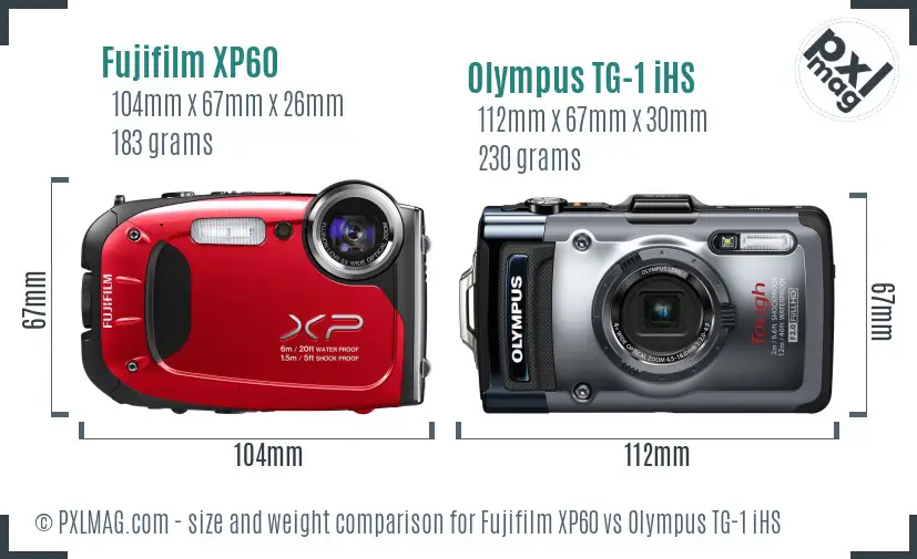 Fujifilm XP60 vs Olympus TG-1 iHS size comparison