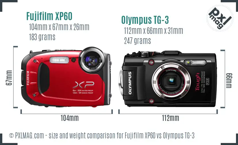 Fujifilm XP60 vs Olympus TG-3 size comparison