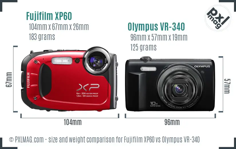 Fujifilm XP60 vs Olympus VR-340 size comparison