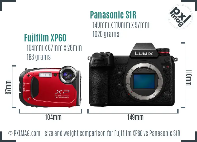 Fujifilm XP60 vs Panasonic S1R size comparison