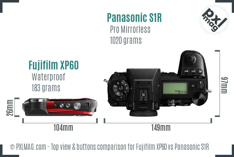 Fujifilm XP60 vs Panasonic S1R top view buttons comparison