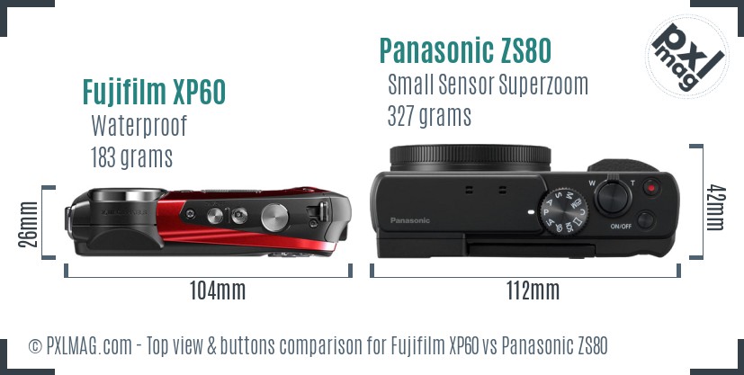 Fujifilm XP60 vs Panasonic ZS80 top view buttons comparison