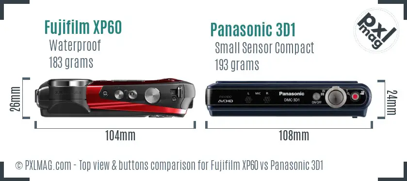 Fujifilm XP60 vs Panasonic 3D1 top view buttons comparison